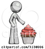 Gray Design Mascot Woman With Giant Cupcake Dessert
