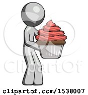 Gray Design Mascot Man Holding Large Cupcake Ready To Eat Or Serve