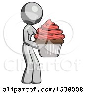 Gray Design Mascot Woman Holding Large Cupcake Ready To Eat Or Serve
