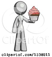 Poster, Art Print Of Gray Design Mascot Woman Presenting Pink Cupcake To Viewer