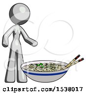 Gray Design Mascot Woman And Noodle Bowl Giant Soup Restaraunt Concept