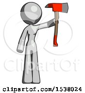 Poster, Art Print Of Gray Design Mascot Woman Holding Up Red Firefighters Ax