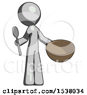Poster, Art Print Of Gray Design Mascot Man With Empty Bowl And Spoon Ready To Make Something