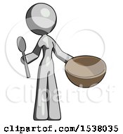 Poster, Art Print Of Gray Design Mascot Woman With Empty Bowl And Spoon Ready To Make Something