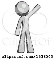 Gray Design Mascot Man Waving Emphatically With Left Arm