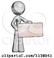 Poster, Art Print Of Gray Design Mascot Woman Presenting Large Envelope