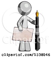 Poster, Art Print Of Gray Design Mascot Man Holding Large Envelope And Calligraphy Pen