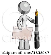 Poster, Art Print Of Gray Design Mascot Woman Holding Large Envelope And Calligraphy Pen