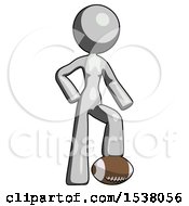 Poster, Art Print Of Gray Design Mascot Woman Standing With Foot On Football