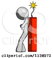 Poster, Art Print Of Gray Design Mascot Woman Leaning Against Dynimate Large Stick Ready To Blow