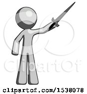 Poster, Art Print Of Gray Design Mascot Man Holding Sword In The Air Victoriously