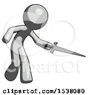 Poster, Art Print Of Gray Design Mascot Man Sword Pose Stabbing Or Jabbing
