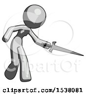 Poster, Art Print Of Gray Design Mascot Woman Sword Pose Stabbing Or Jabbing