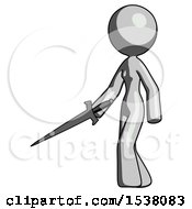 Poster, Art Print Of Gray Design Mascot Woman With Sword Walking Confidently