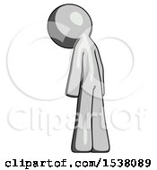 Gray Design Mascot Man Depressed With Head Down Back To Viewer Left