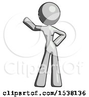 Gray Design Mascot Woman Waving Right Arm With Hand On Hip