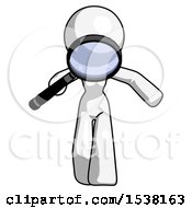 White Design Mascot Woman Looking Down Through Magnifying Glass