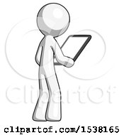 White Design Mascot Man Looking At Tablet Device Computer Facing Away