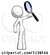 White Design Mascot Woman Inspecting With Large Magnifying Glass Facing Up
