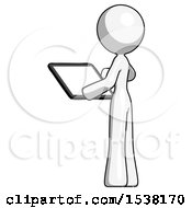 Poster, Art Print Of White Design Mascot Woman Looking At Tablet Device Computer With Back To Viewer