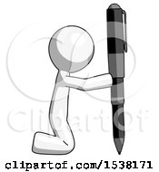 White Design Mascot Man Posing With Giant Pen In Powerful Yet Awkward Manner
