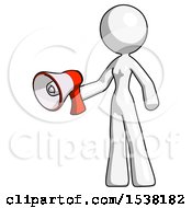 Poster, Art Print Of White Design Mascot Woman Holding Megaphone Bullhorn Facing Right