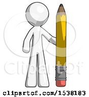 White Design Mascot Man With Large Pencil Standing Ready To Write