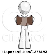 Poster, Art Print Of White Design Mascot Woman Reading Book While Standing Up Facing Viewer