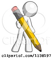 Poster, Art Print Of White Design Mascot Man Writing With Large Pencil
