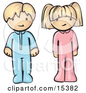 Two Cute Blond Children A Little Boy And A Little Girl Atanding In Their Pajamas With Their Arms At Their Sides