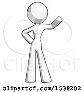 White Design Mascot Woman Waving Left Arm With Hand On Hip