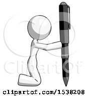 White Design Mascot Woman Posing With Giant Pen In Powerful Yet Awkward Manner Because Funny