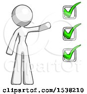 Poster, Art Print Of White Design Mascot Woman Standing By A Checkmark List Arm Extended