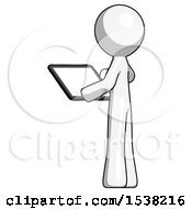 Poster, Art Print Of White Design Mascot Man Looking At Tablet Device Computer With Back To Viewer