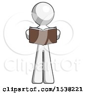 Poster, Art Print Of White Design Mascot Man Reading Book While Standing Up Facing Viewer