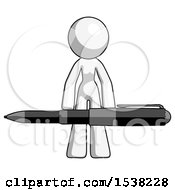 White Design Mascot Woman Lifting A Giant Pen Like Weights