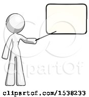 White Design Mascot Woman Pointing At Dry-Erase Board With Stick Giving Presentation