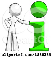 White Design Mascot Woman With Info Symbol Leaning Up Against It