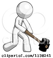 Poster, Art Print Of White Design Mascot Man Hitting With Sledgehammer Or Smashing Something At Angle
