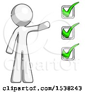 Poster, Art Print Of White Design Mascot Man Standing By List Of Checkmarks