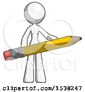 Poster, Art Print Of White Design Mascot Woman Office Worker Or Writer Holding A Giant Pencil
