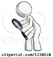 Poster, Art Print Of White Design Mascot Woman Inspecting With Large Magnifying Glass Left