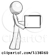 Poster, Art Print Of White Design Mascot Woman Show Tablet Device Computer To Viewer Blank Area