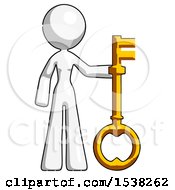 White Design Mascot Woman Holding Key Made Of Gold