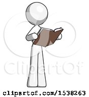 Poster, Art Print Of White Design Mascot Woman Reading Book While Standing Up Facing Away
