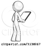 White Design Mascot Woman Looking At Tablet Device Computer Facing Away