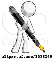 Poster, Art Print Of White Design Mascot Man Drawing Or Writing With Large Calligraphy Pen