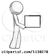 Poster, Art Print Of White Design Mascot Man Show Tablet Device Computer To Viewer Blank Area