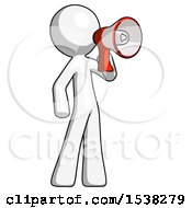 Poster, Art Print Of White Design Mascot Man Shouting Into Megaphone Bullhorn Facing Right