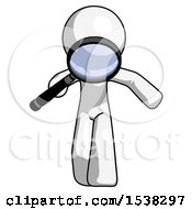White Design Mascot Man Looking Down Through Magnifying Glass